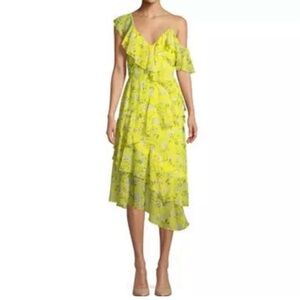 100% Silk Alice + Olivia Bright Yellow One-Shoulder Asymmetrical Floral Dress